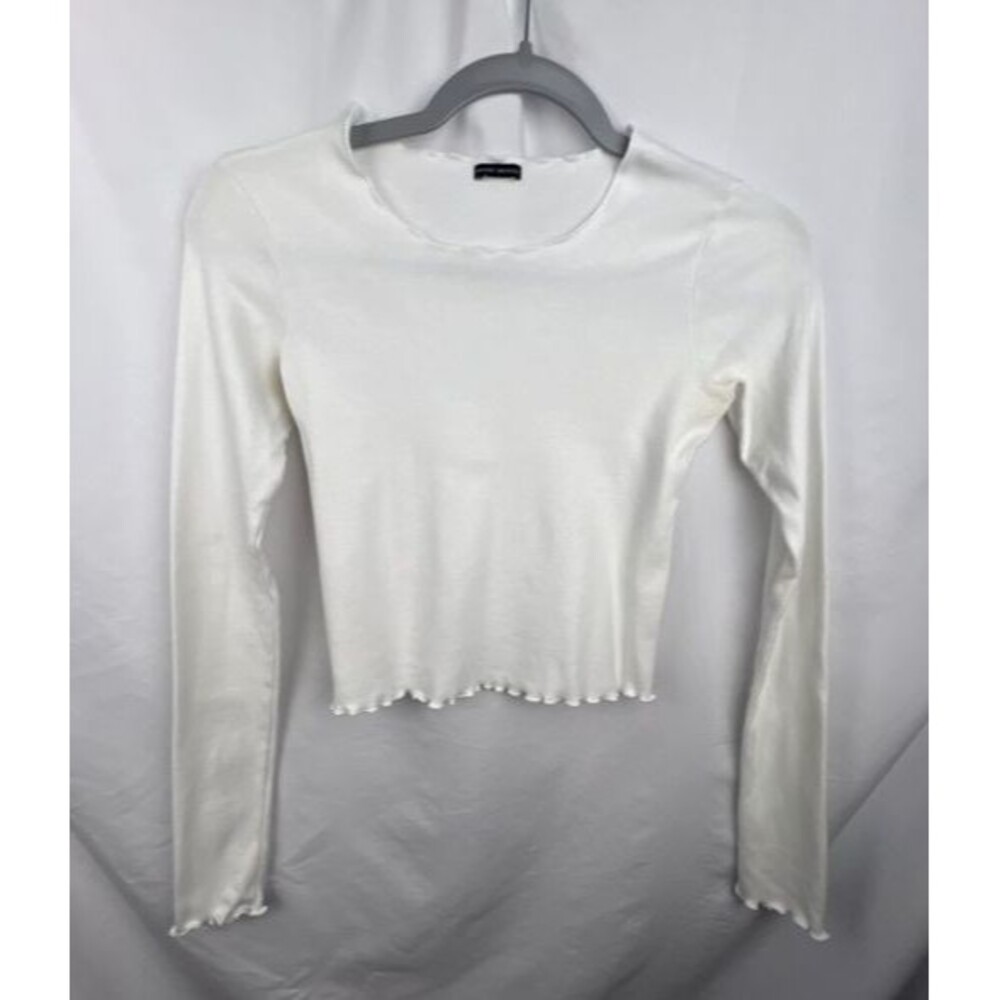 BRANDY MELVILLE White Ribbed Long Sleeve Crop Top Lettuce Hem Y2K Size 1